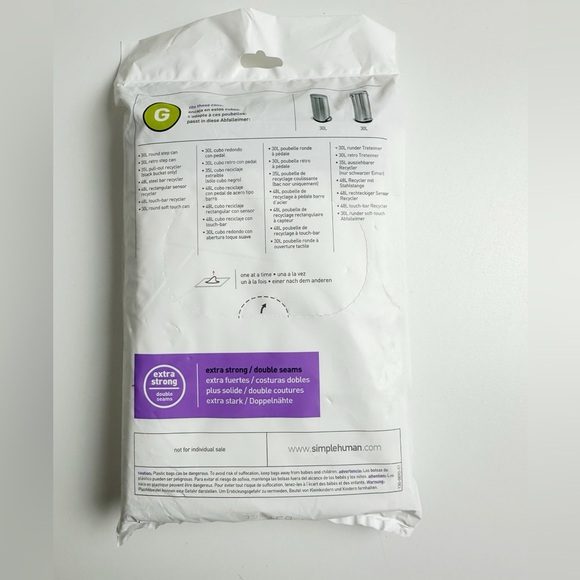 Simplehuman Code G Custom Fit Liners Drawstring Trash Bags 20 Count 30L 8 GAL - Picture 2 of 2